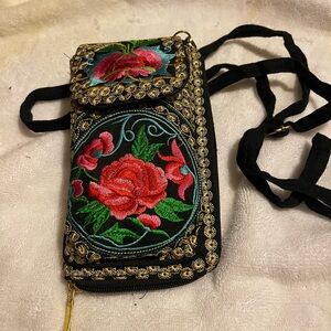 Embroidered Floral Crossbody Bag - Black and Red